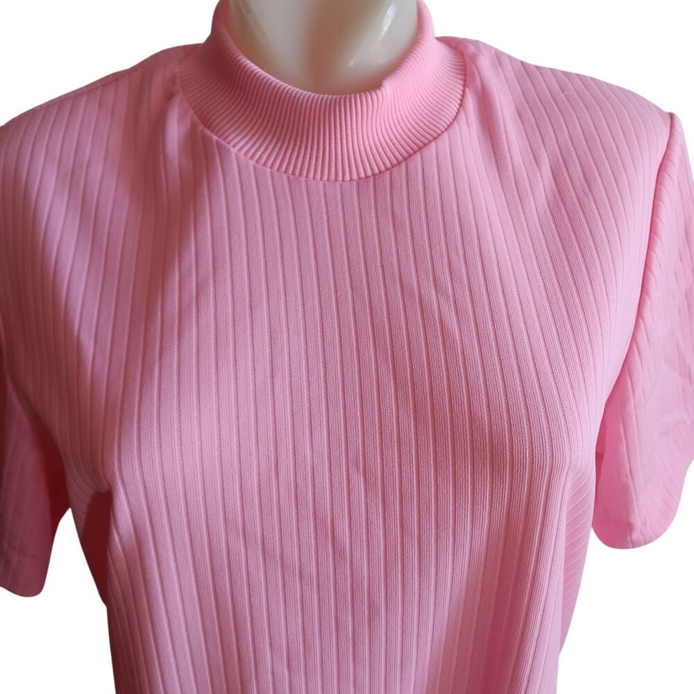 Large Vintage T-shirt Pink Ribbed 1OF1 Women's Mock Neck Zip Closure 1970's